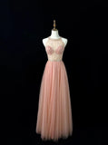 Sweet Blush Pink Round Neck A-Line Tulle Beaded Long Prom Dresses Birthday Evening Gowns HZ1108