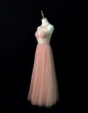 Sweet Blush Pink Round Neck A-Line Tulle Beaded Long Prom Dresses Birthday Evening Gowns HZ1108