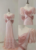 Elegant Pink A-Line Sweetheart Neck Sequins Long Prom Dresses Formal Evening Gowns HZ1108