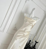 Simple Light Champagne Spaghetti Straps Satin Sheath Prom Dresses Formal Evening Gowns HZ1108