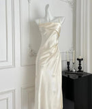 Simple Light Champagne Spaghetti Straps Satin Sheath Prom Dresses Formal Evening Gowns HZ1108