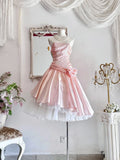 Vintage Pink Strapless A-Line Lace Satin Short Prom Dresses Homecoming Dress HZ1108