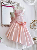 Vintage Pink Strapless A-Line Lace Satin Short Prom Dresses Homecoming Dress HZ1108