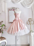 Vintage Pink Strapless A-Line Lace Satin Short Prom Dresses Homecoming Dress HZ1108