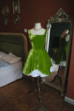 Sweet Green Square Neck A-Line Velvet Short Prom Dresses Homecoming Dress HZ1108