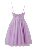 Stunning Lilac Spaghetti Straps A-Line Tulle Applique Short Prom Dresses HZ1108