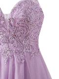 Stunning Lilac Spaghetti Straps A-Line Tulle Applique Short Prom Dresses HZ1108