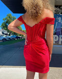Gorgeous Red Off Shoulder Bodycon Applique Satin Short Prom Dresses Homecoming Dress HZ1108