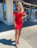 Gorgeous Red Off Shoulder Bodycon Applique Satin Short Prom Dresses Homecoming Dress HZ1108