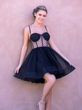 Fashion Black Polka Dot Spaghetti Straps A-Line Tulle Short Prom Dresses Homecoming Dress HZ1108