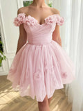 Elegant Pink Off-the-shoulder A-Line Tulle Short Prom Dresses Homecoming Dress HZ1108