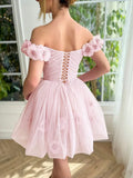 Elegant Pink Off-the-shoulder A-Line Tulle Short Prom Dresses Homecoming Dress HZ1108