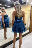 Glitter Blue A-line Sweetheart Tulle Short Prom Dresses Homecoming Dress With Mirror HZ1108