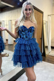 Glitter Blue A-line Sweetheart Tulle Short Prom Dresses Homecoming Dress With Mirror HZ1108