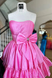 Sweet Pink Strapless A-line Satin Short Prom Dresses Homecoming Dress With Bow HZ1108