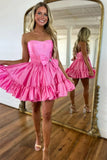 Sweet Pink Strapless A-line Satin Short Prom Dresses Homecoming Dress With Bow HZ1108