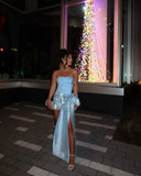 Glam Blue Strapless Bodycon Satin Short Party Dresses Homecoming Dress with Bow HZ1108