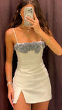 Elegant Off-White Spaghetti Straps Bodycon Satin Short Party Dresses Homecoming Dress HZ1108