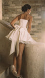 Fashion White Strapless Bodycon Satin Short Prom Dresses Homecoming Dress with Bow HZ1108