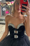 Elegant Black Sweetheart Neck A-Line Tulle Short Prom Dresses Homecoming Dress with Diamonds HZ1108