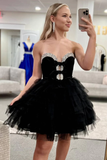 Elegant Black Sweetheart Neck A-Line Tulle Short Prom Dresses Homecoming Dress with Diamonds HZ1108