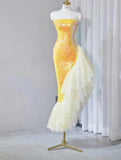 Gorgeous Bright Yellow Strapless Mermaid Sequined Tulle Long Prom Dresses Formal Evening Gowns HZ1108