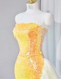 Gorgeous Bright Yellow Strapless Mermaid Sequined Tulle Long Prom Dresses Formal Evening Gowns HZ1108