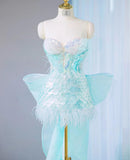 Stunning Ice Blue Strapless Bodycon Sequin Short Prom Dresses Homecoming Dress with Bow HZ1108