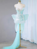 Stunning Ice Blue Strapless Bodycon Sequin Short Prom Dresses Homecoming Dress with Bow HZ1108