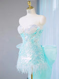 Stunning Ice Blue Strapless Bodycon Sequin Short Prom Dresses Homecoming Dress with Bow HZ1108