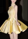 Gorgeous Butter Yellow Turtleneck A-Line Satin Short Prom Dresses Homecoming Dress HZ1108