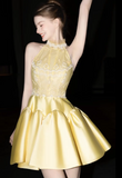 Gorgeous Butter Yellow Turtleneck A-Line Satin Short Prom Dresses Homecoming Dress HZ1108