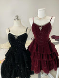 Gorgeous Burgundy/Black Spaghetti Straps Glitter Velvet A-Line Short Evening Gowns Sweet Homecoming Dress HZ1108