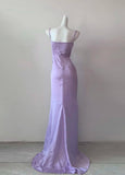 Elegant Purple Spaghetti Straps Sheath Satin Long Prom Dresses Formal Evening Gowns Short Ball Gowns HZ1108