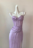 Elegant Purple Spaghetti Straps Sheath Satin Long Prom Dresses Formal Evening Gowns Short Ball Gowns HZ1108