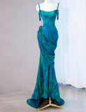 Stunning Turquoise Scoop Mermaid Jacquard Satin Long Prom Dresses Elegant Formal Evening Gowns HZ1108