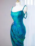 Stunning Turquoise Scoop Mermaid Jacquard Satin Long Prom Dresses Elegant Formal Evening Gowns HZ1108