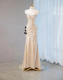 Elegant Champagne V-neck Mermaid Glitter Satin Long Prom Dresses Fashion Formal Evening Gowns HZ1108