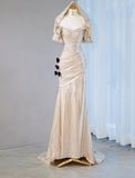 Elegant Champagne V-neck Mermaid Glitter Satin Long Prom Dresses Fashion Formal Evening Gowns HZ1108
