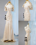 Elegant Champagne V-neck Mermaid Glitter Satin Long Prom Dresses Fashion Formal Evening Gowns HZ1108