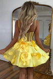Sweet Yellow Spaghetti Straps A-Line Satin Applique Short Prom Dresses Pretty Homecoming Dress HZ1108