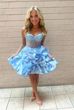 Sweet Yellow Spaghetti Straps A-Line Satin Applique Short Prom Dresses Pretty Homecoming Dress HZ1108