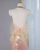 Gorgeous Ombre Peach Tulle V-Neck Mermaid Gold Sequins Long Prom Dresses Glam Formal Evening Dress HZ1108