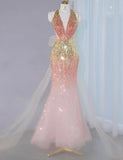 Gorgeous Ombre Peach Tulle V-Neck Mermaid Gold Sequins Long Prom Dresses Glam Formal Evening Dress HZ1108
