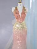 Gorgeous Ombre Peach Tulle V-Neck Mermaid Gold Sequins Long Prom Dresses Glam Formal Evening Dress HZ1108