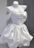 Simple White Off-the-shoulder A-Line Satin Short Prom Dresses Homecoming Dress with Pearls HZ1108