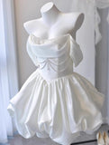 Simple White Off-the-shoulder A-Line Satin Short Prom Dresses Homecoming Dress with Pearls HZ1108