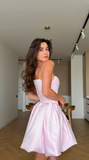Sweet Pink Strapless A-Line Satin Short Prom Dresses Elegant Homecoming Dress HZ1108