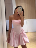 Sweet Pink Strapless A-Line Satin Short Prom Dresses Elegant Homecoming Dress HZ1108