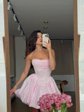 Sweet Pink Strapless A-Line Satin Short Prom Dresses Elegant Homecoming Dress HZ1108